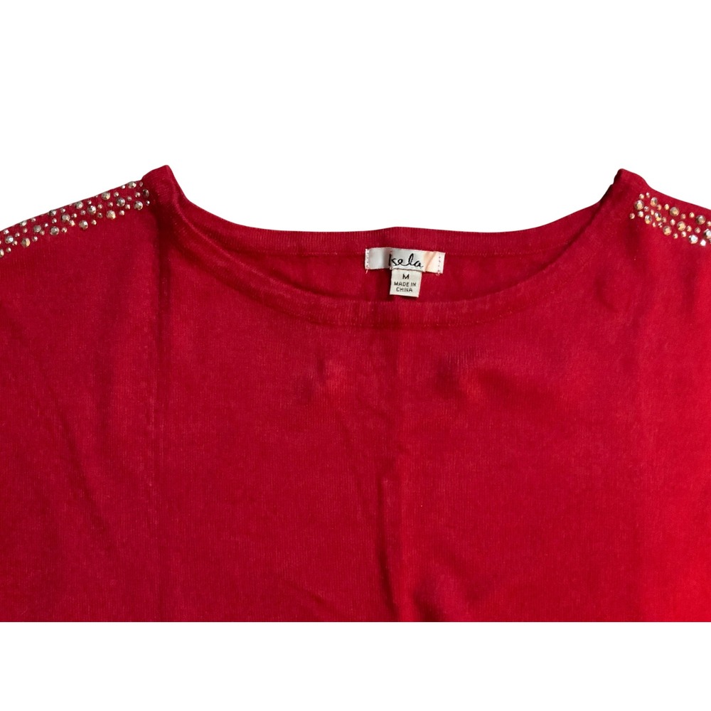 Kela Red Rhinestone Embellished Shoulder Sleeve Knit Sweater Womens Medium